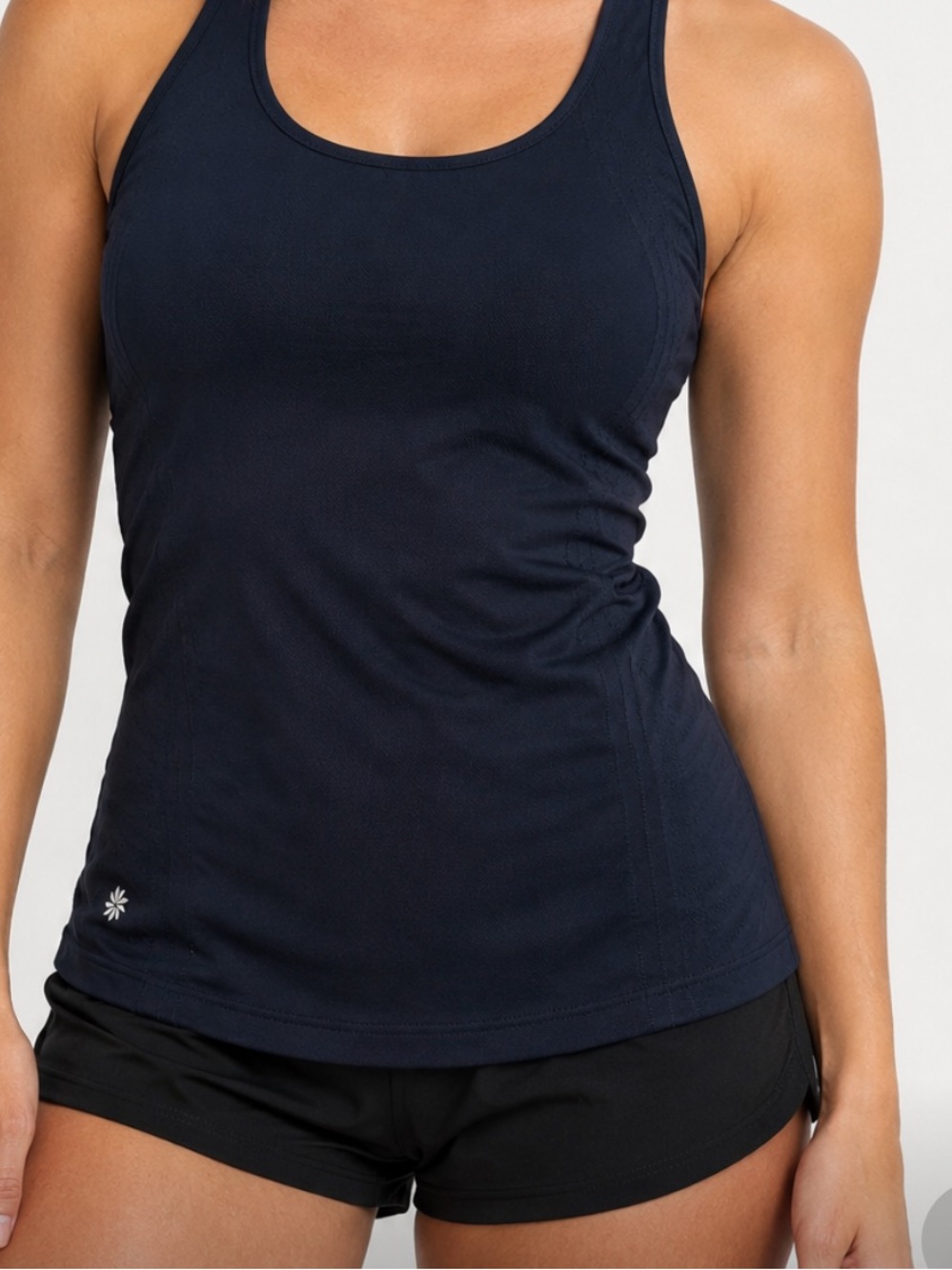 Athleta Racerback Tank Top Black Ruched Sides Grip Hem Women’s M